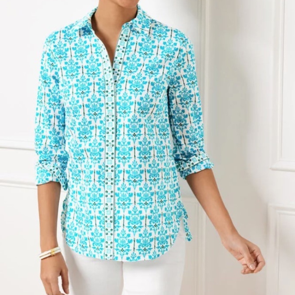 NWT Talbots Blue White Floral Cotton Button Up Shirt Top Blouse Size MEDIUM